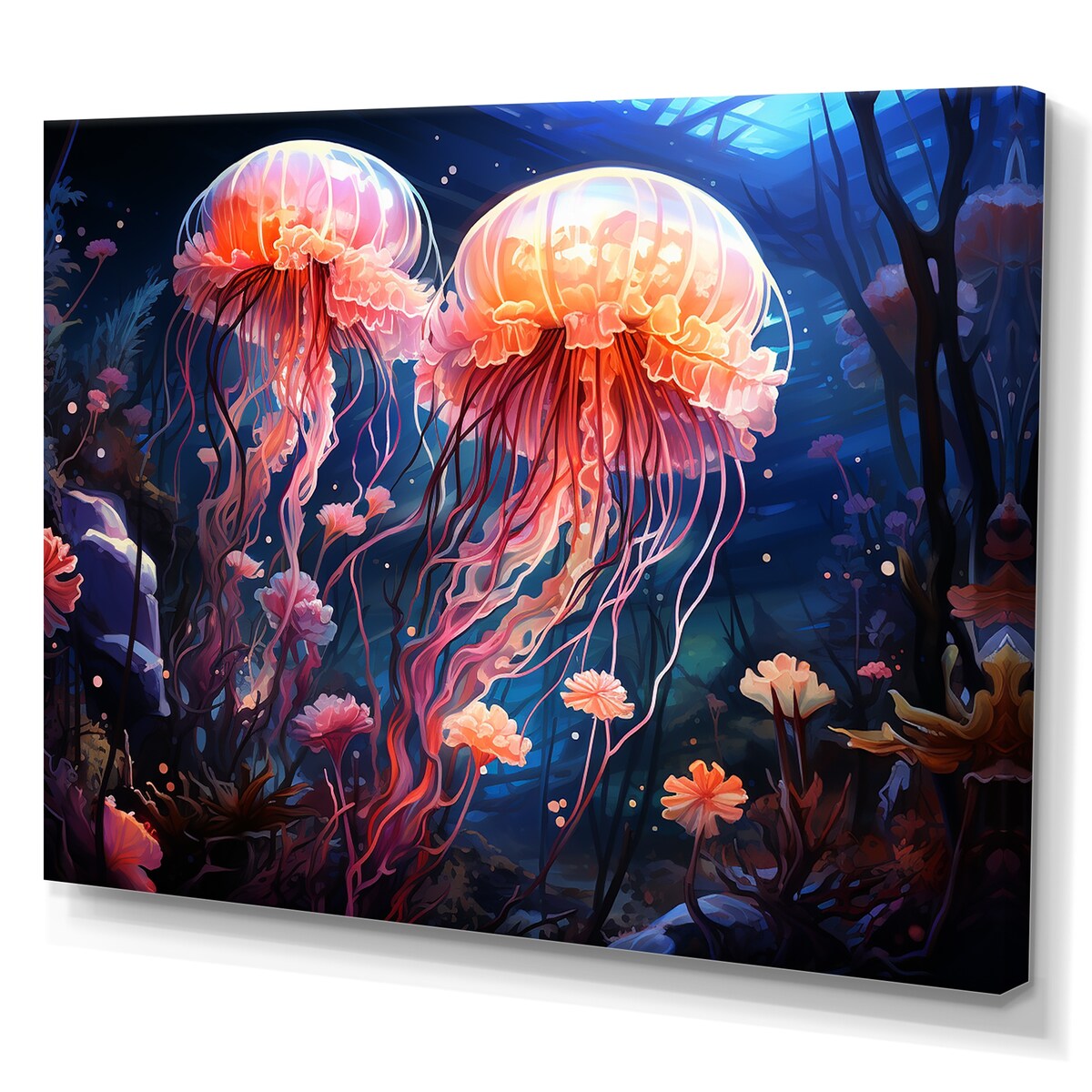 Designart "Blue And Pink Jellyfish Dance II" Coastal Coral Under Water Wall Art