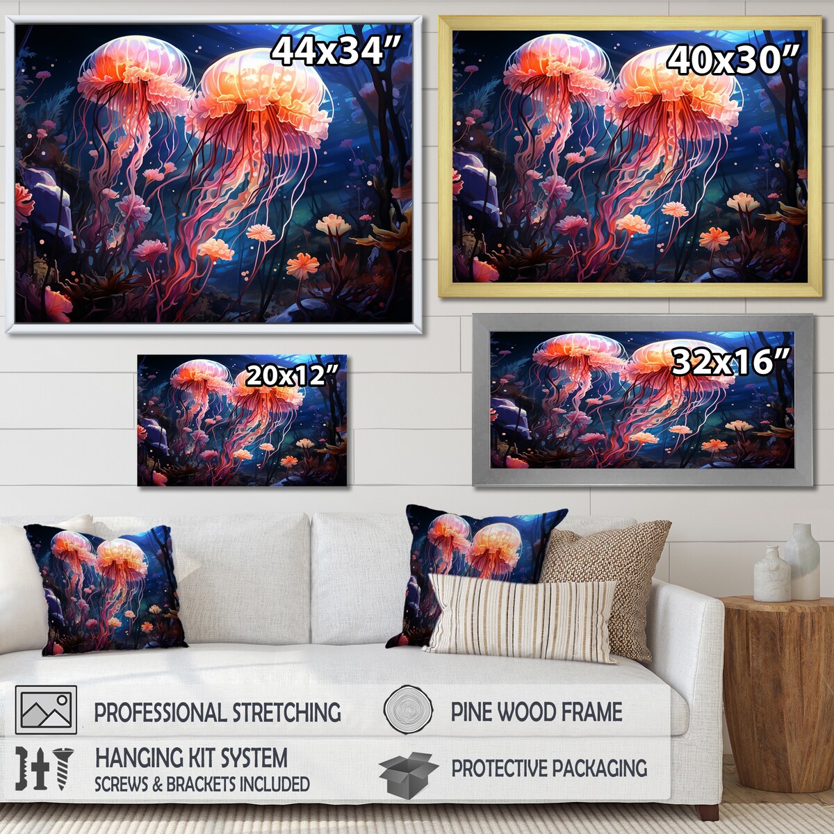 Designart "Blue And Pink Jellyfish Dance II" Coastal Coral Under Water Wall Art