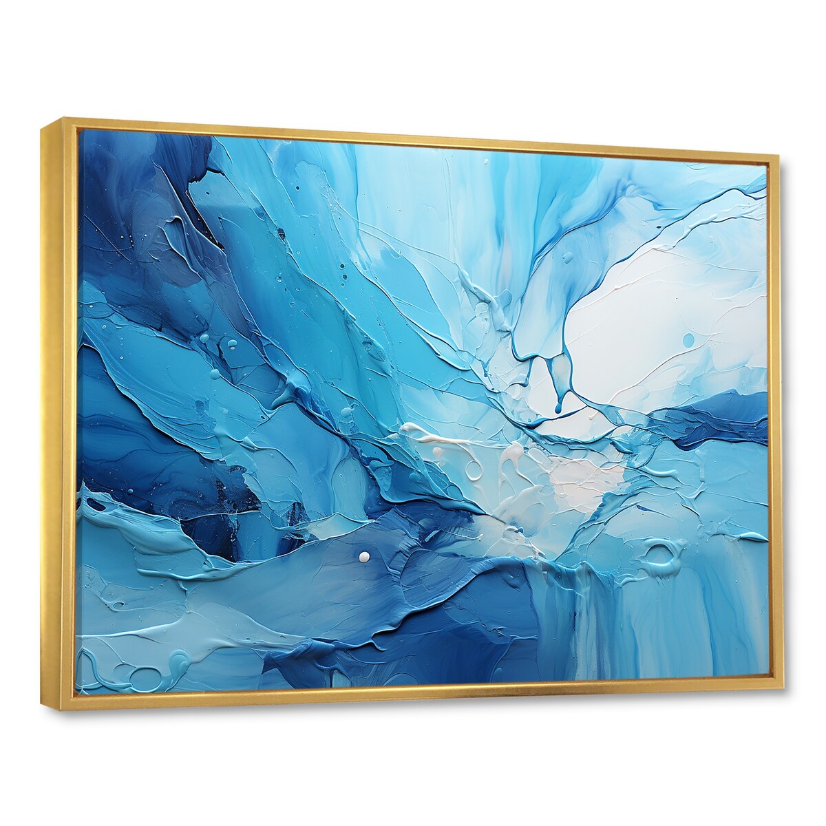 Designart "Blue And White Cool Water Drip I" Drip Painting Framed Wall Art Prints