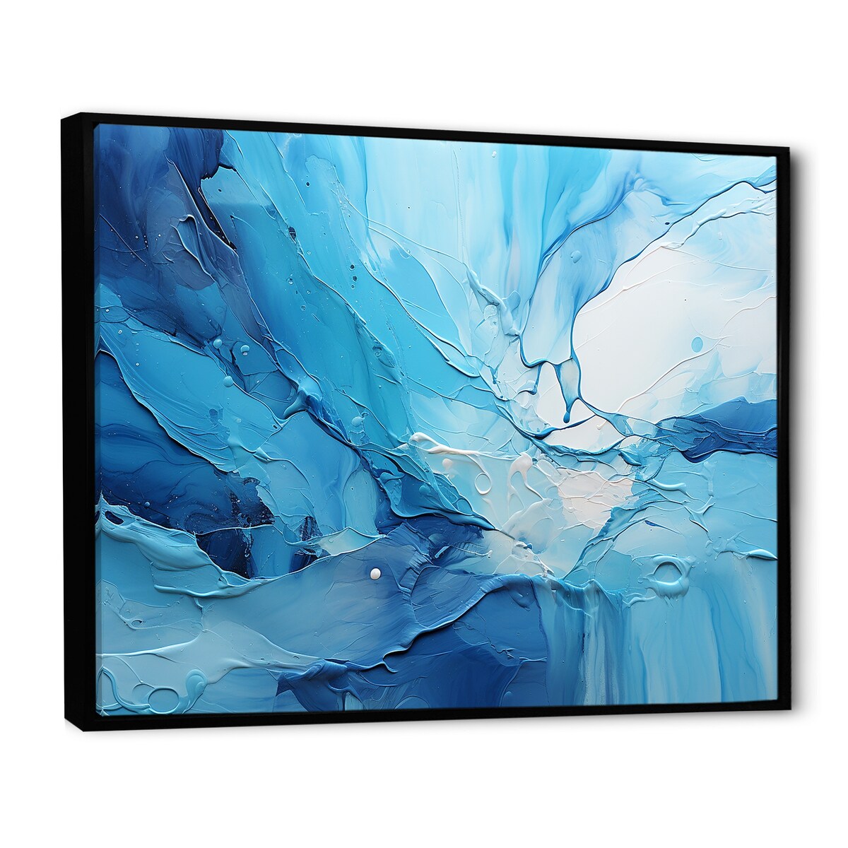 Designart "Blue And White Cool Water Drip I" Drip Painting Framed Wall Art Prints