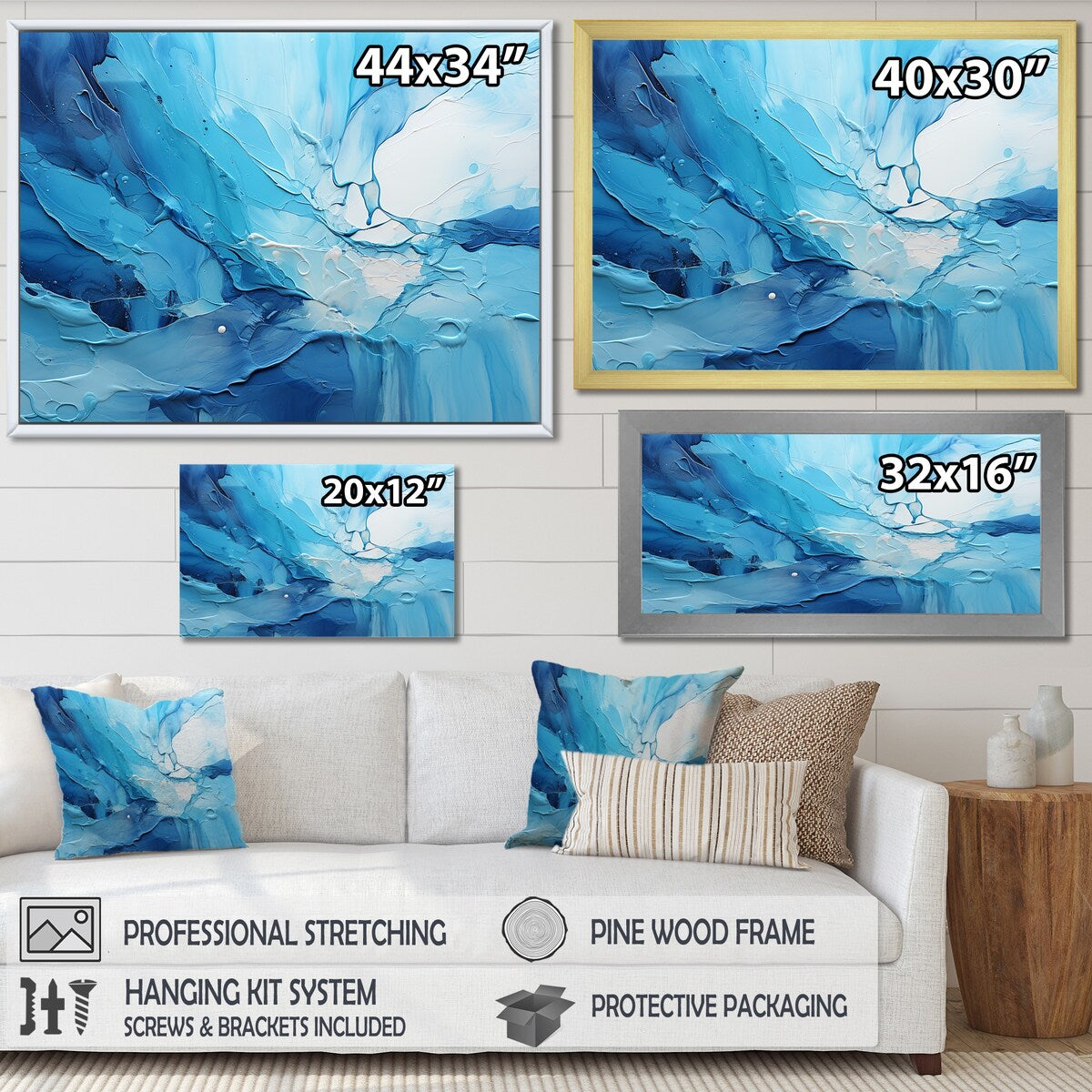 Designart "Blue And White Cool Water Drip I" Drip Painting Framed Wall Art Prints