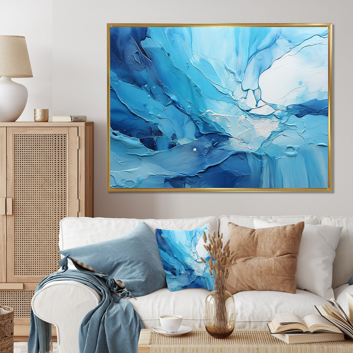 Designart "Blue And White Cool Water Drip I" Drip Painting Framed Wall Art Prints