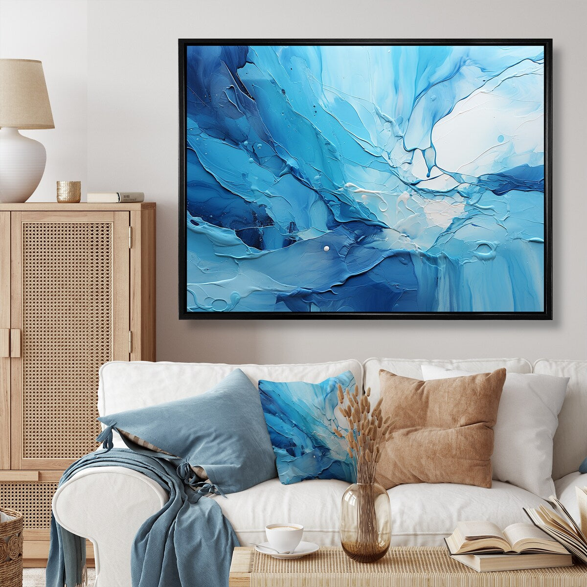 Designart "Blue And White Cool Water Drip I" Drip Painting Framed Wall Art Prints