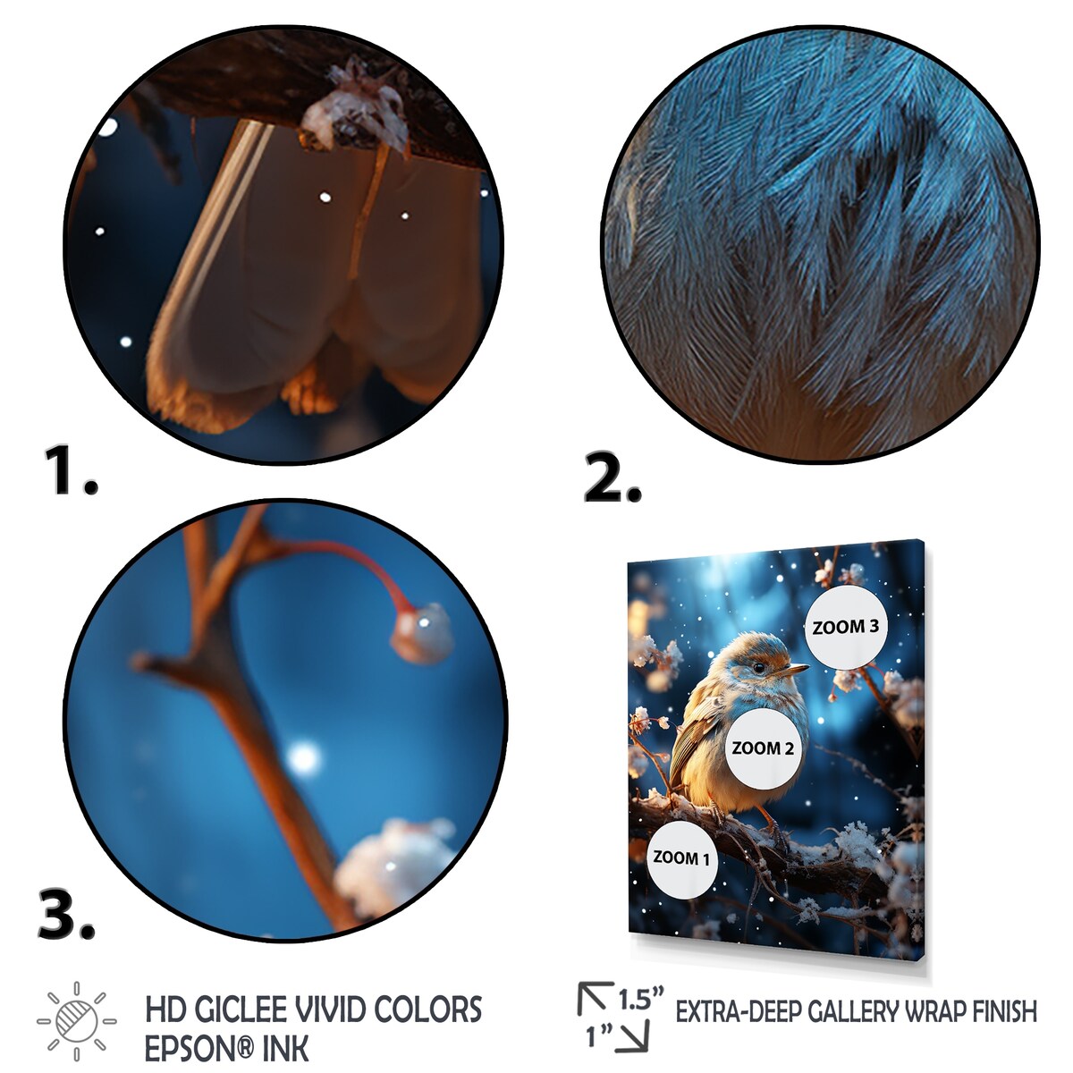 Designart "Blue Bird In Winter Serenity I" Bird Wall Art Blue - Modern Wrapped Canvas For Hallway Décor