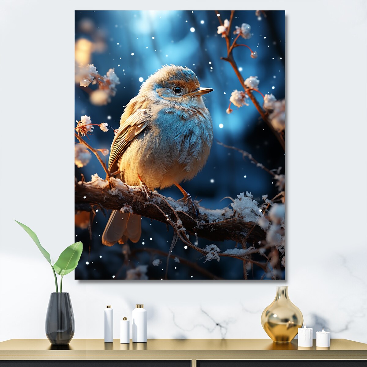 Designart "Blue Bird In Winter Serenity I" Bird Wall Art Blue - Modern Wrapped Canvas For Hallway Décor