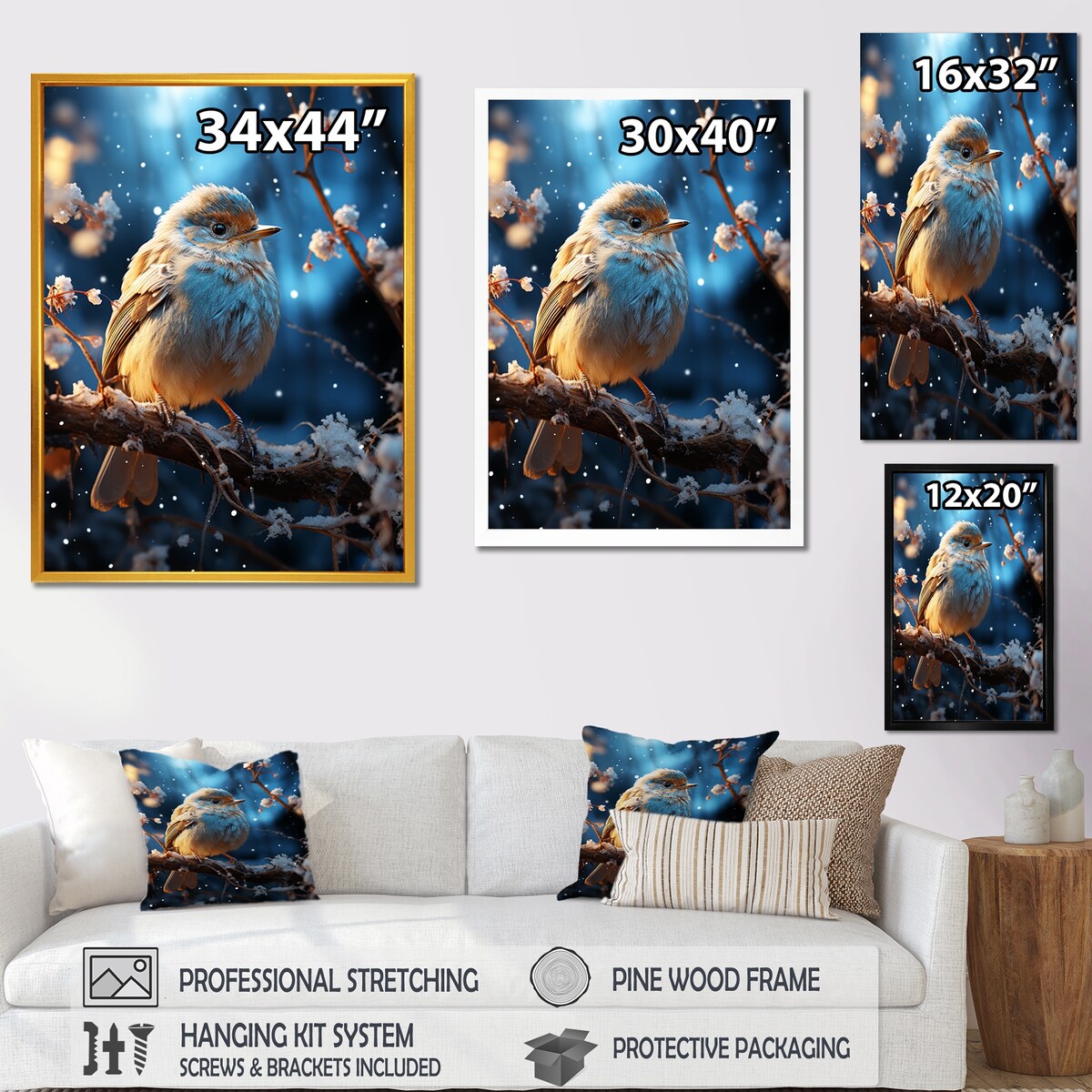 Designart "Blue Bird In Winter Serenity I" Bird Wall Art Blue - Modern Wrapped Canvas For Hallway Décor