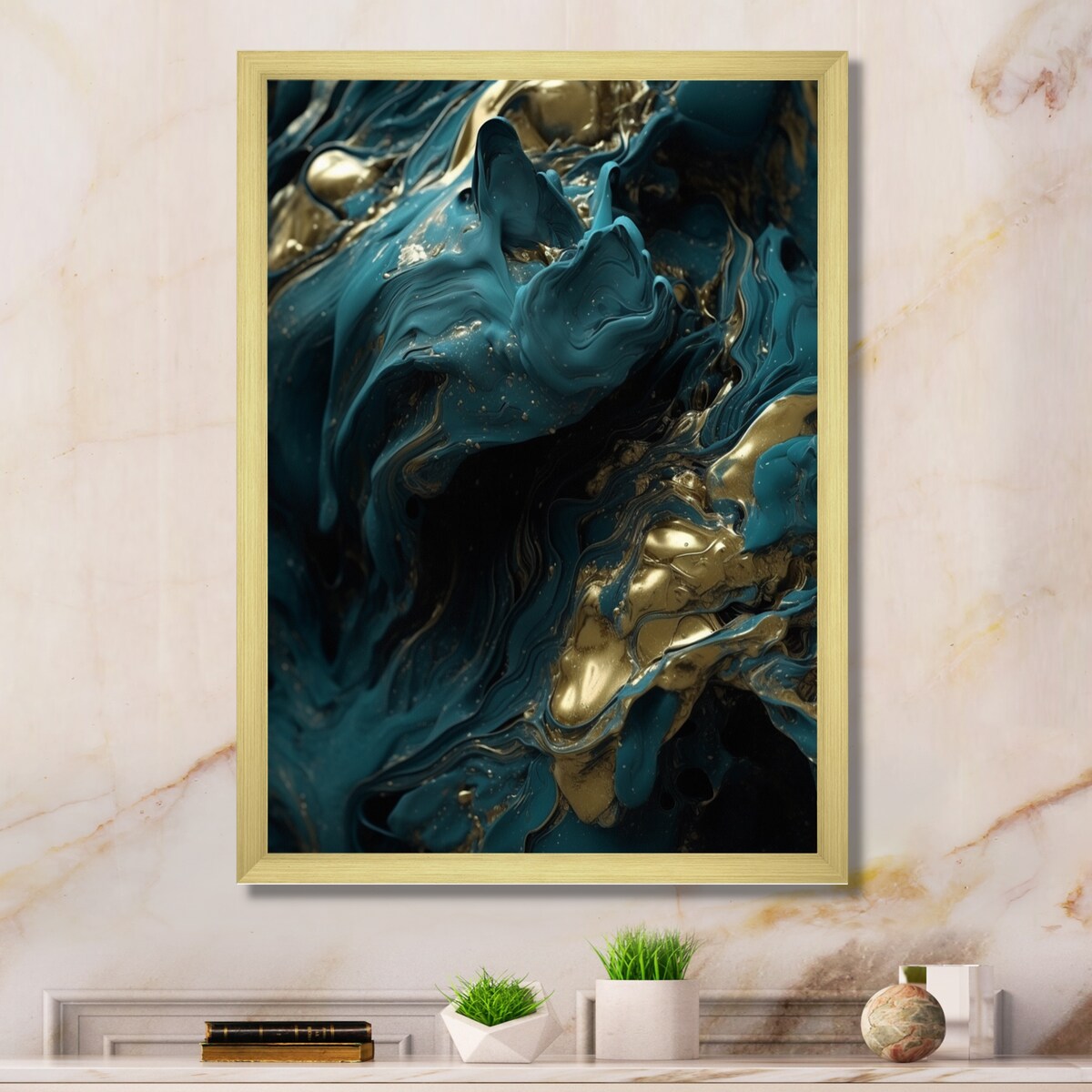 Designart "Blue Captivating Liquid Ink Vi" Abstract Marble Framed Canvas Print