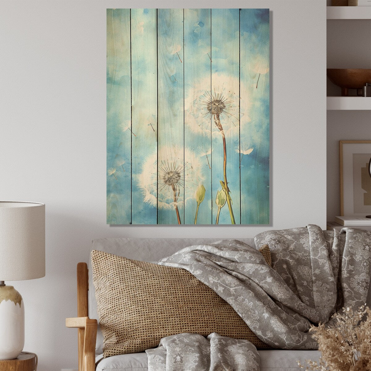 Designart "Blue Dandelion Dreams I" Dandelion Wood Wall Decor - Traditional Blue Wood Panel On Natural Pine Wood