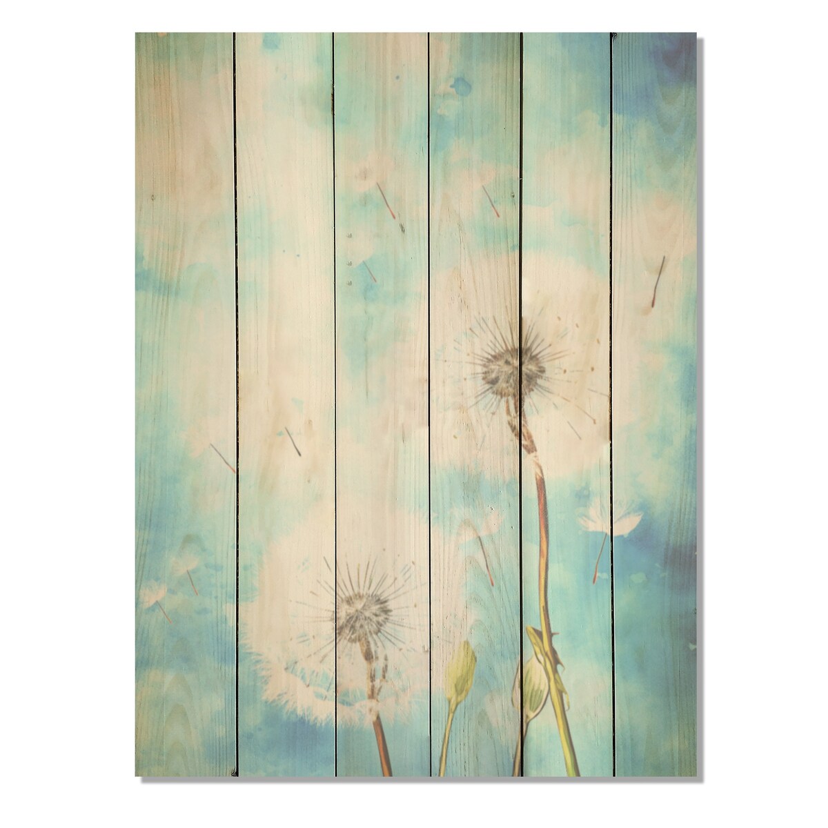 Designart "Blue Dandelion Dreams I" Dandelion Wood Wall Decor - Traditional Blue Wood Panel On Natural Pine Wood