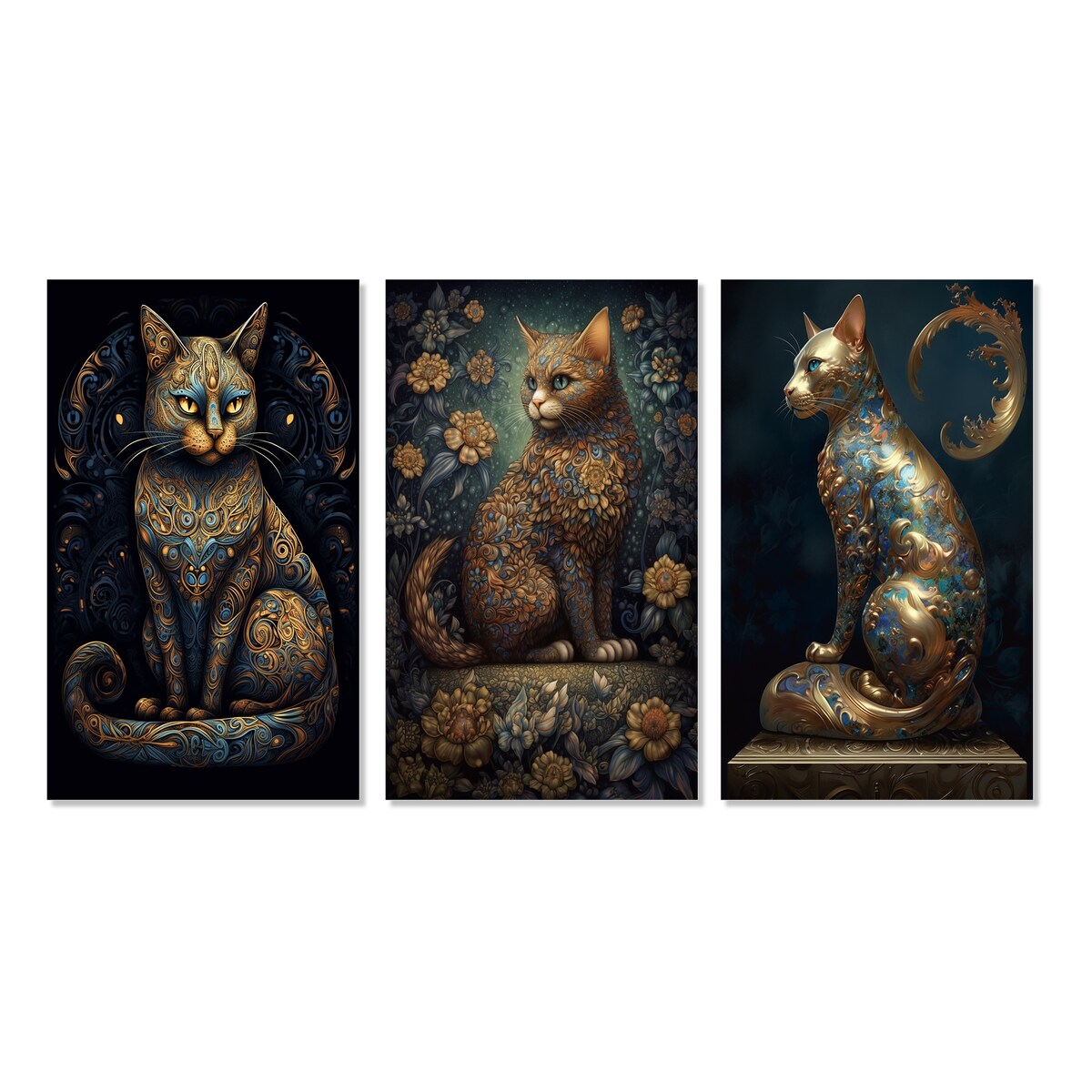 Designart "Blue Glamorous Retro Gold Cat" Animals Cat Wall Art Set Of 3 Children's Art Canvas Set For Living Room Decor