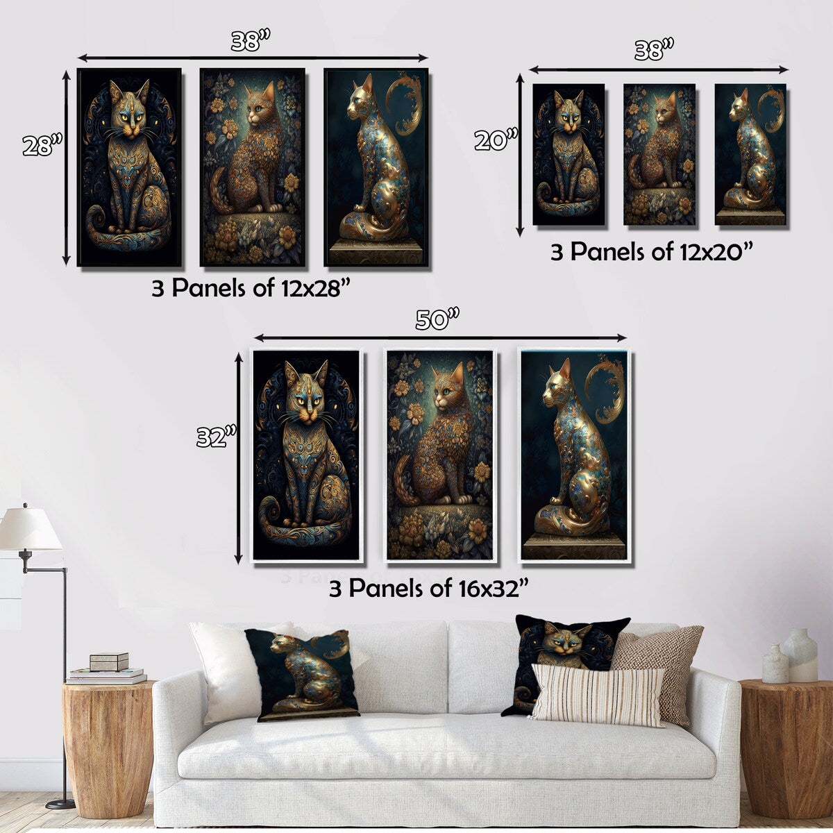 Designart "Blue Glamorous Retro Gold Cat" Animals Cat Wall Art Set Of 3 Children's Art Canvas Set For Living Room Decor