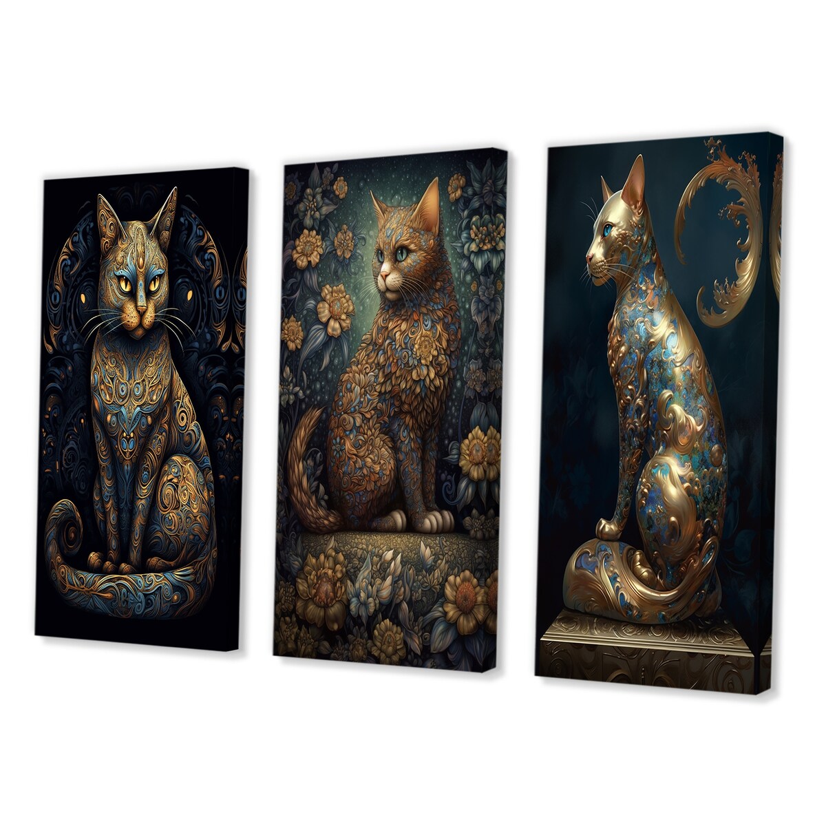 Designart "Blue Glamorous Retro Gold Cat" Animals Cat Wall Art Set Of 3 Children's Art Canvas Set For Living Room Decor