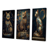 Designart "Blue Glamorous Retro Gold Cat" Animals Cat Wall Art Set Of 3 Children's Art Canvas Set For Living Room Decor