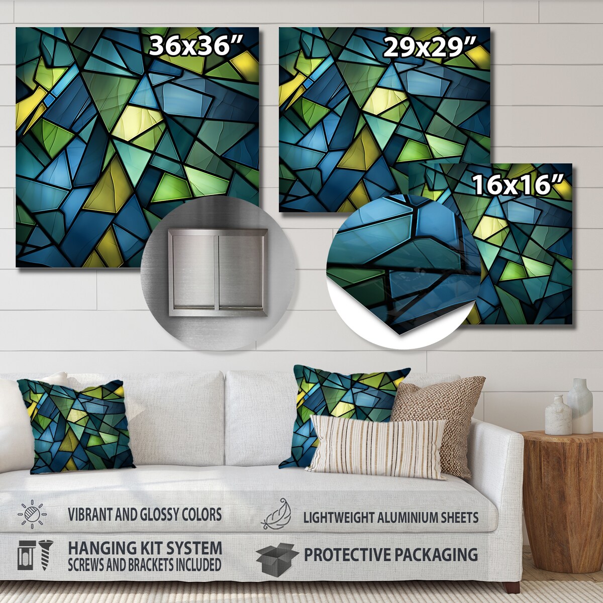 Designart "Blue Green Window Tides I" Abstract Collages Metal Wall Art - Blue Metal Wall Décor Modern Metal Art Work