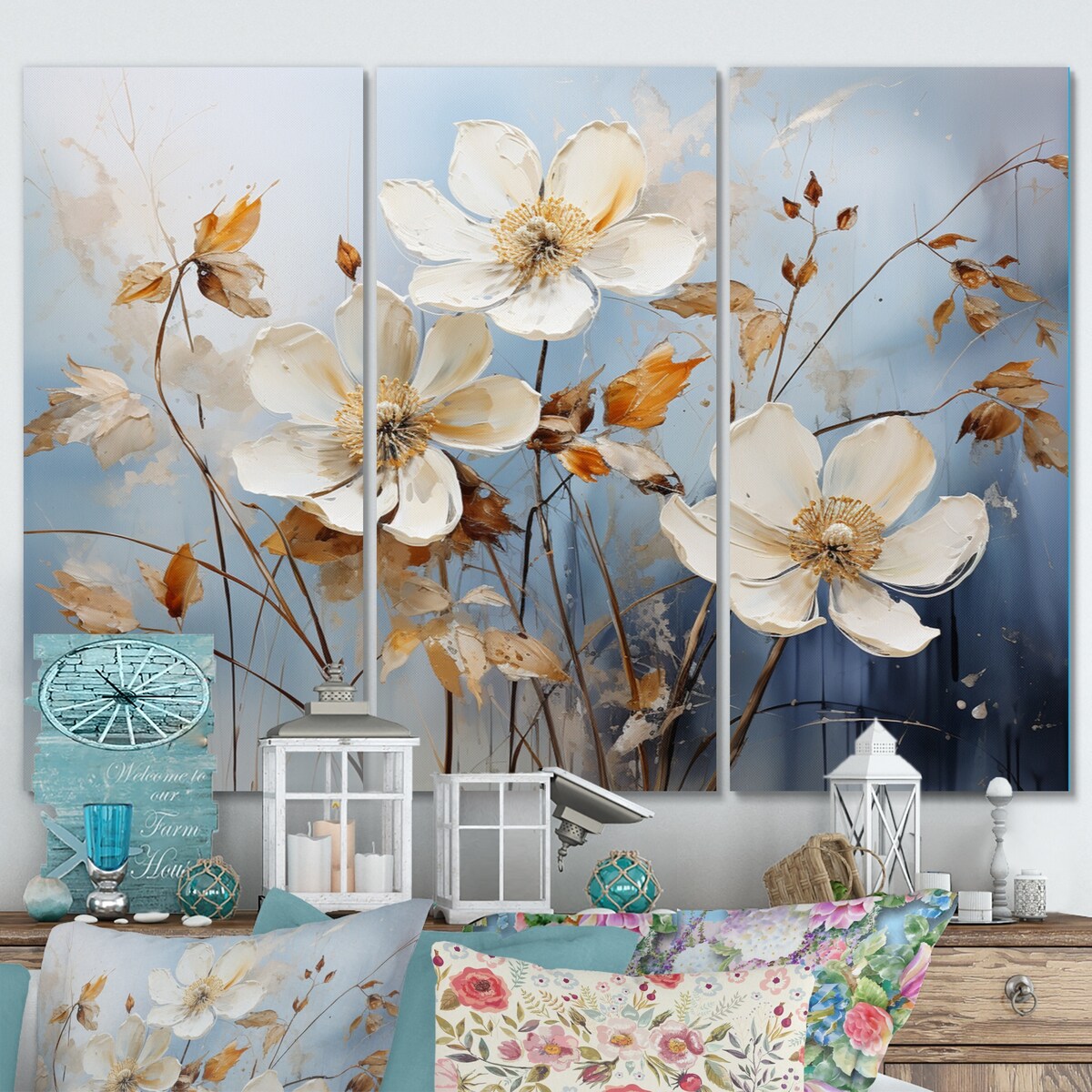 Designart "Blue Muted Botanicals I" Abstract Botanicals Metal Wall Art Set