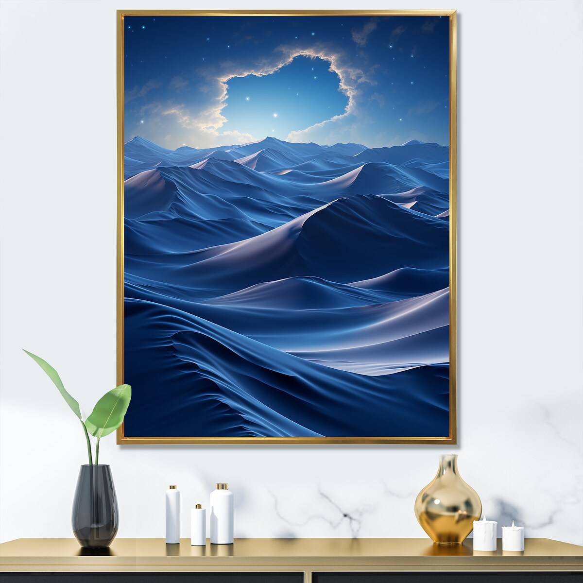 Designart "Blue Nocturnal Desert Dunes VII" Desert Blue Wall Decor - Global Living Room Framed Canvas Art