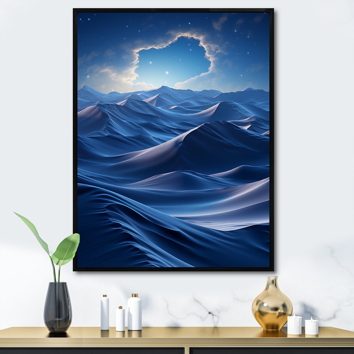 Designart "Blue Nocturnal Desert Dunes VII" Desert Blue Wall Decor - Global Living Room Framed Canvas Art