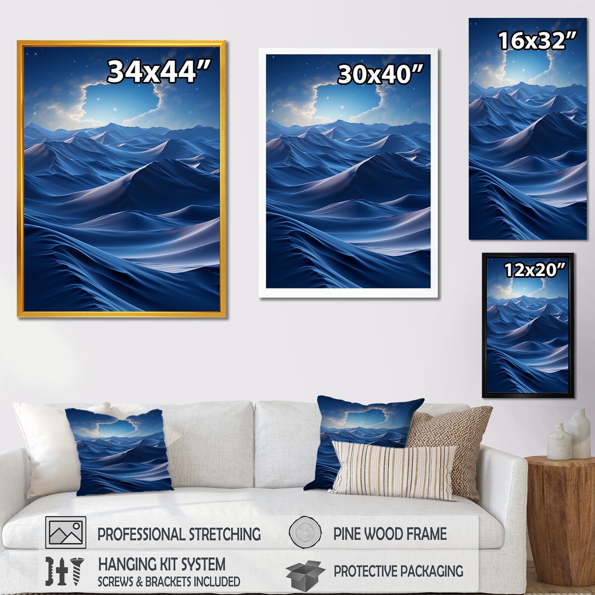 Designart "Blue Nocturnal Desert Dunes VII" Desert Blue Wall Decor - Global Living Room Framed Canvas Art