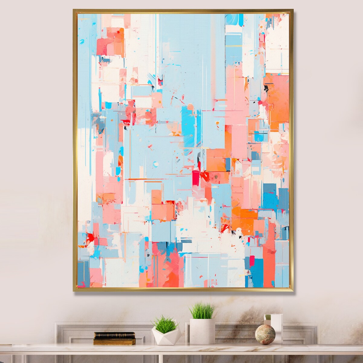 Designart "Blue Orange Interlocking Perspectives" Cubism Framed Wall Art Living Room