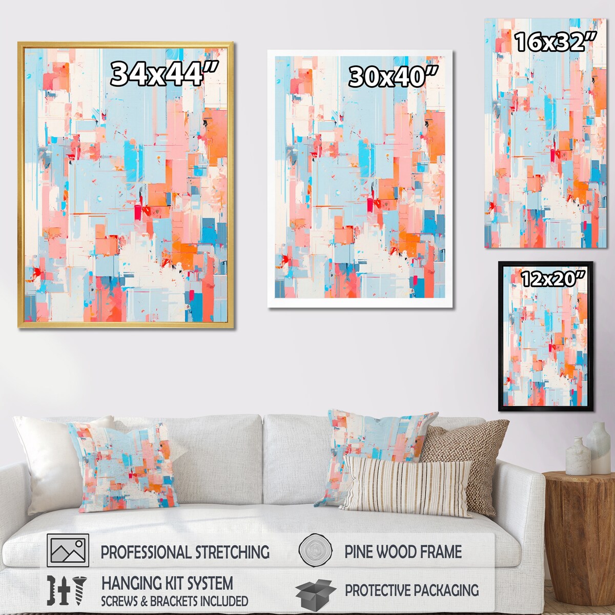 Designart "Blue Orange Interlocking Perspectives" Cubism Framed Wall Art Living Room