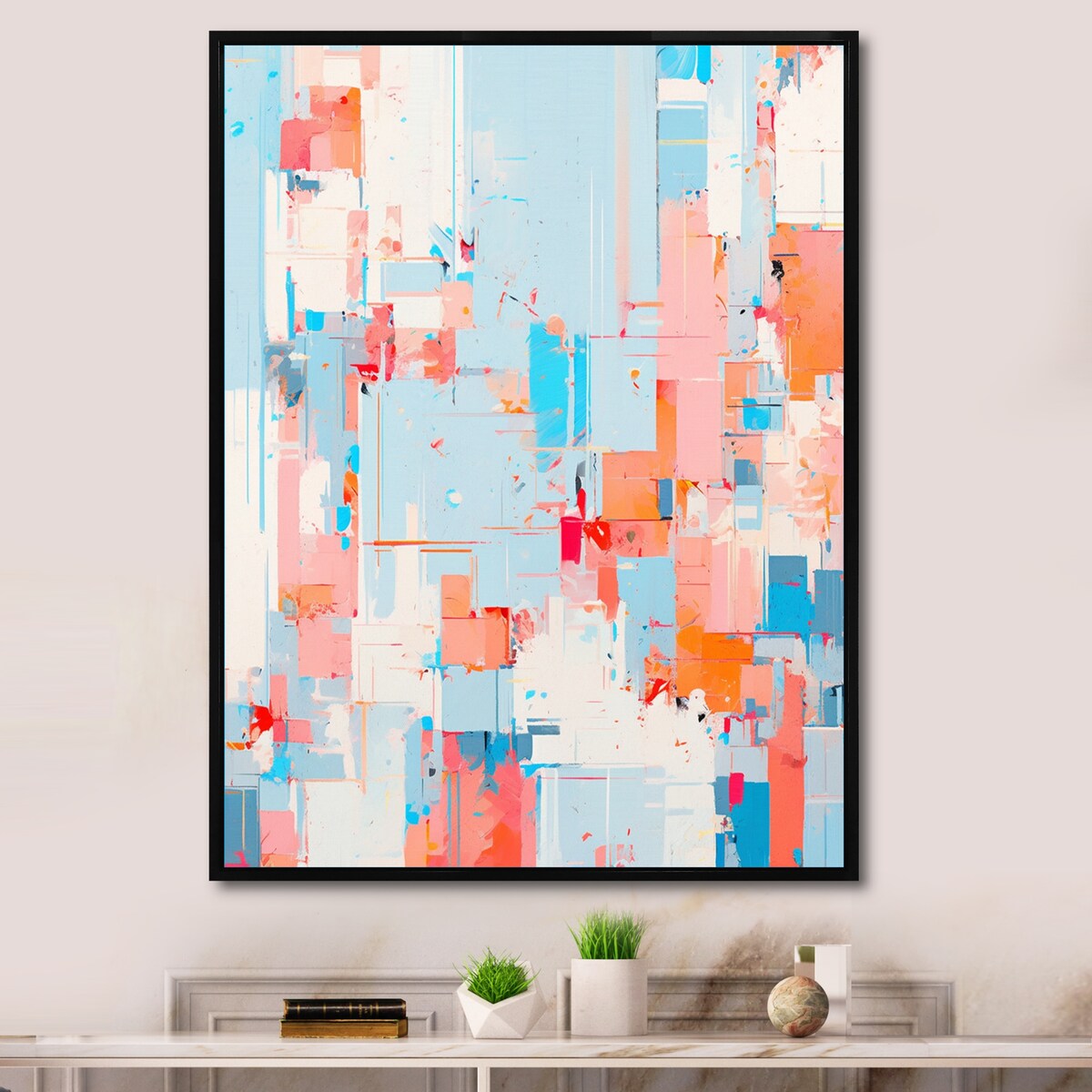 Designart "Blue Orange Interlocking Perspectives" Cubism Framed Wall Art Living Room