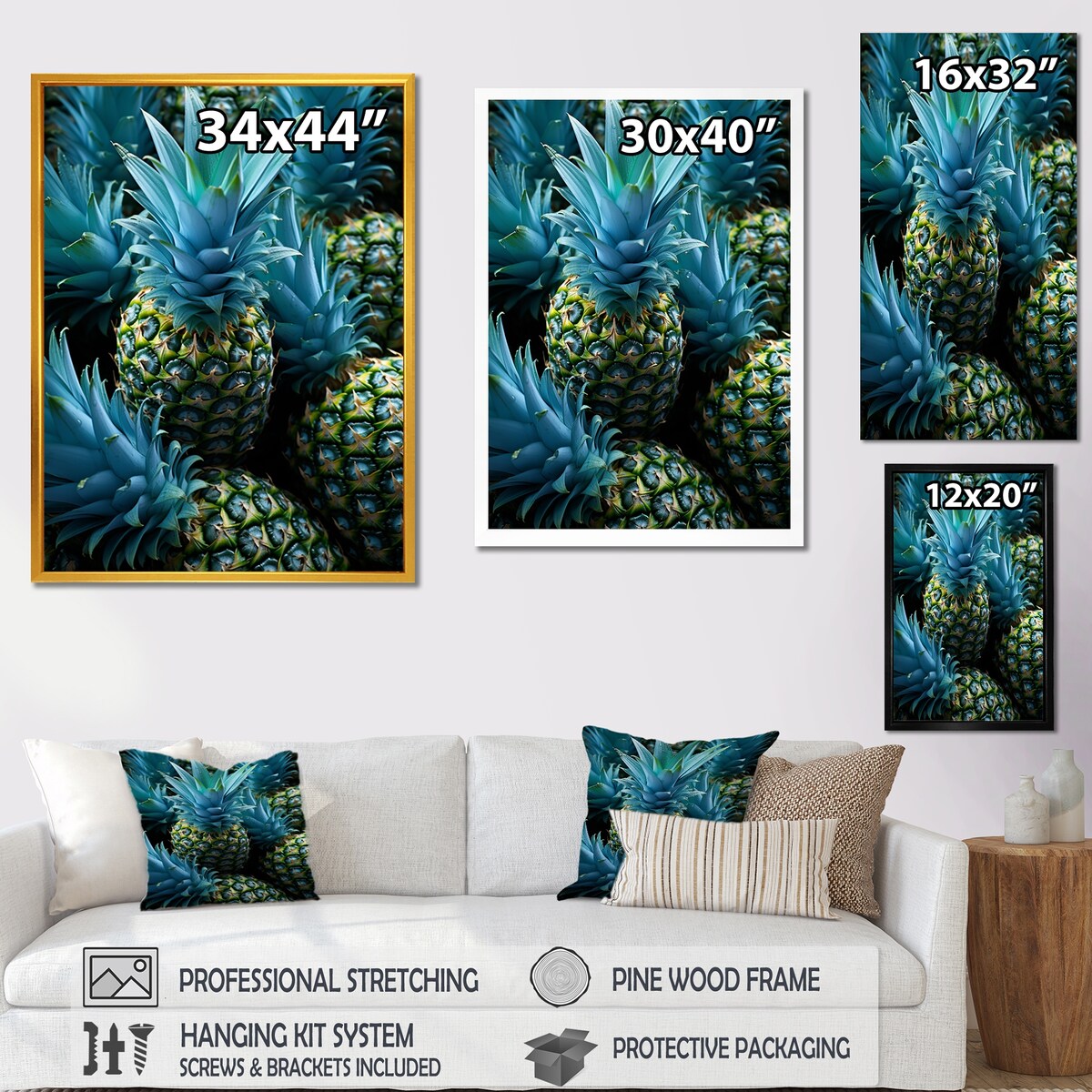 Designart "Blue Pineapples Photo II" Pineapples Blue Wall Decor - Traditional Hallway Framed Wall Art Decor