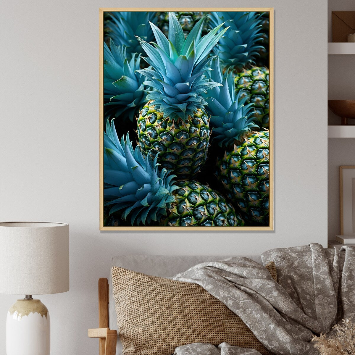 Designart "Blue Pineapples Photo II" Pineapples Blue Wall Decor - Traditional Hallway Framed Wall Art Decor