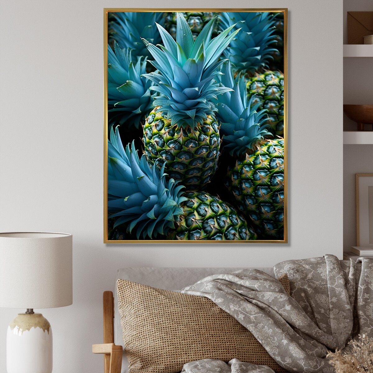 Designart "Blue Pineapples Photo II" Pineapples Blue Wall Decor - Traditional Hallway Framed Wall Art Decor