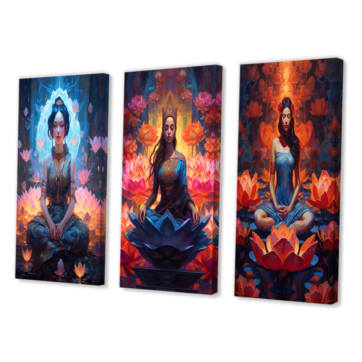 Designart "Blue Pink Yoga Lotus Flower Yogini Woman III" Fashion Woman Wall Art Glam Printed Art Set Of 3 For Bedroom