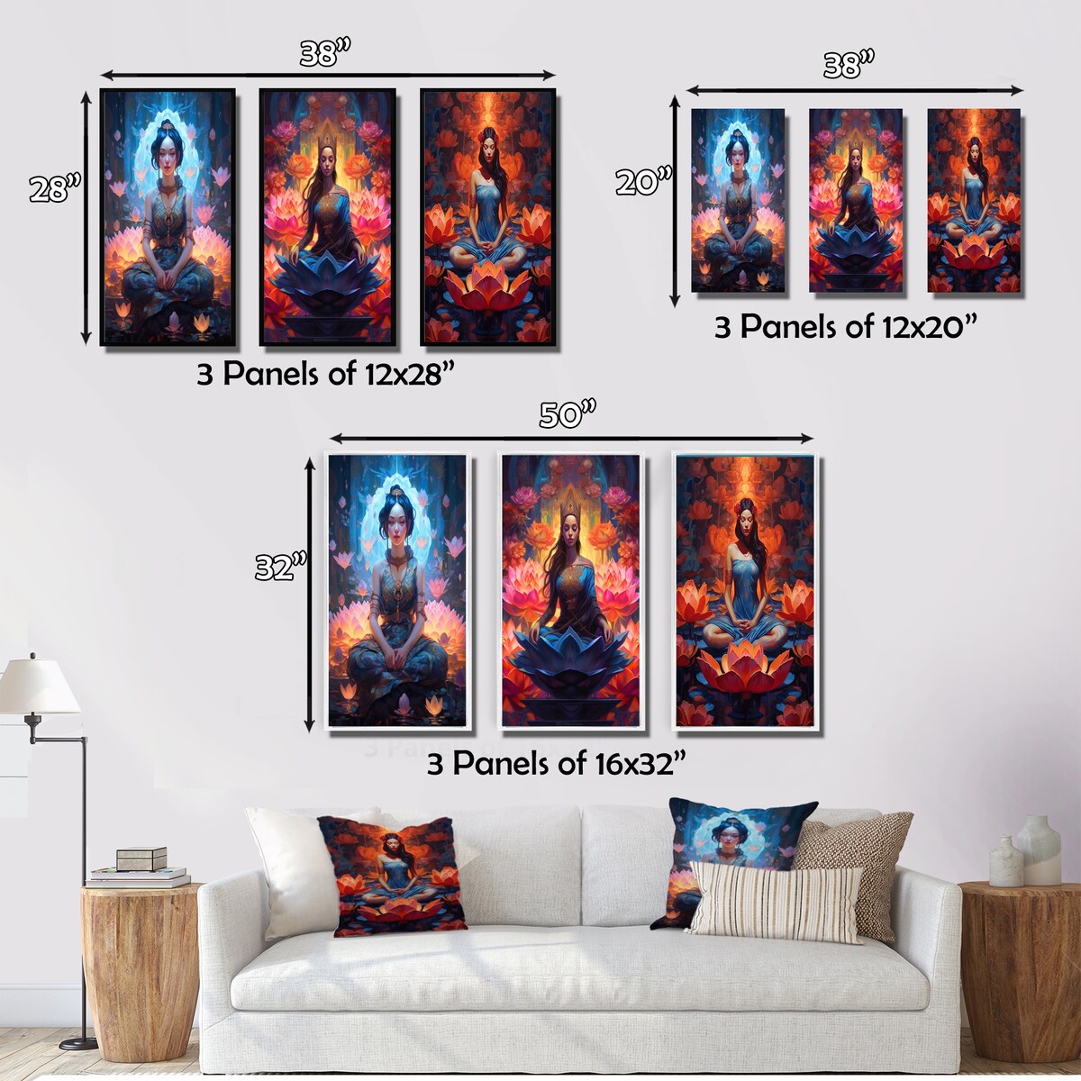 Designart "Blue Pink Yoga Lotus Flower Yogini Woman III" Fashion Woman Wall Art Glam Printed Art Set Of 3 For Bedroom