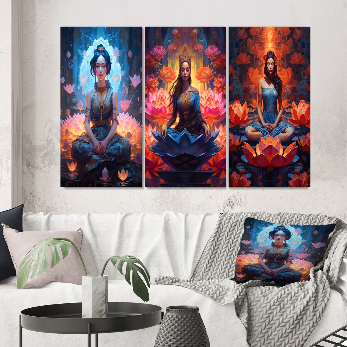 Designart "Blue Pink Yoga Lotus Flower Yogini Woman III" Fashion Woman Wall Art Glam Printed Art Set Of 3 For Bedroom