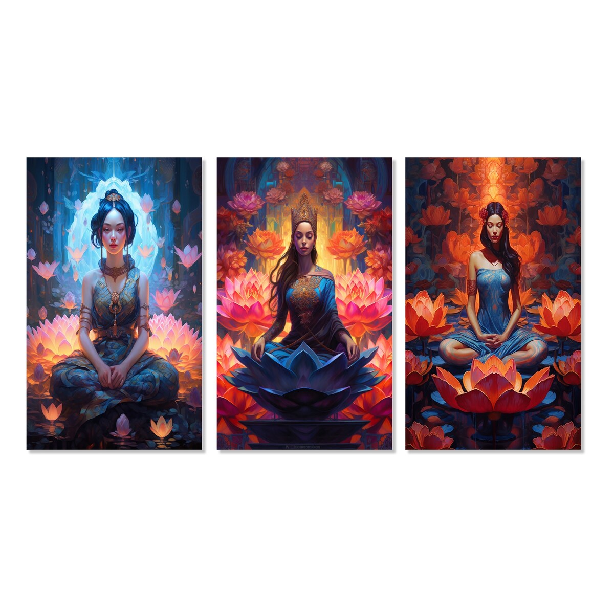 Designart "Blue Pink Yoga Lotus Flower Yogini Woman III" Fashion Woman Wall Art Glam Printed Art Set Of 3 For Bedroom