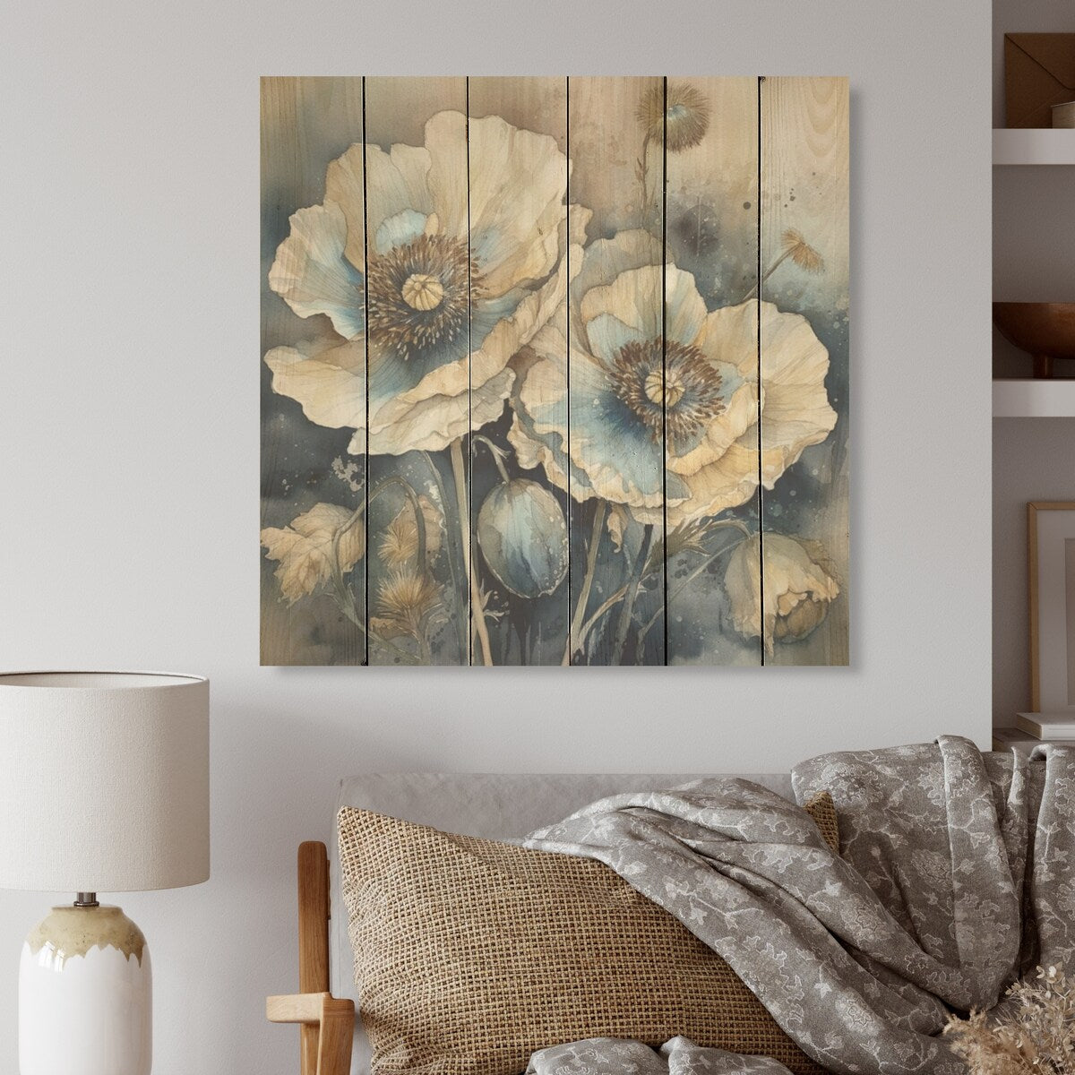 Designart "Blue Poppy Serenity I" Poppies Wood Wall Decor - Traditional Blue Wood Panel On Natural Pine Wood