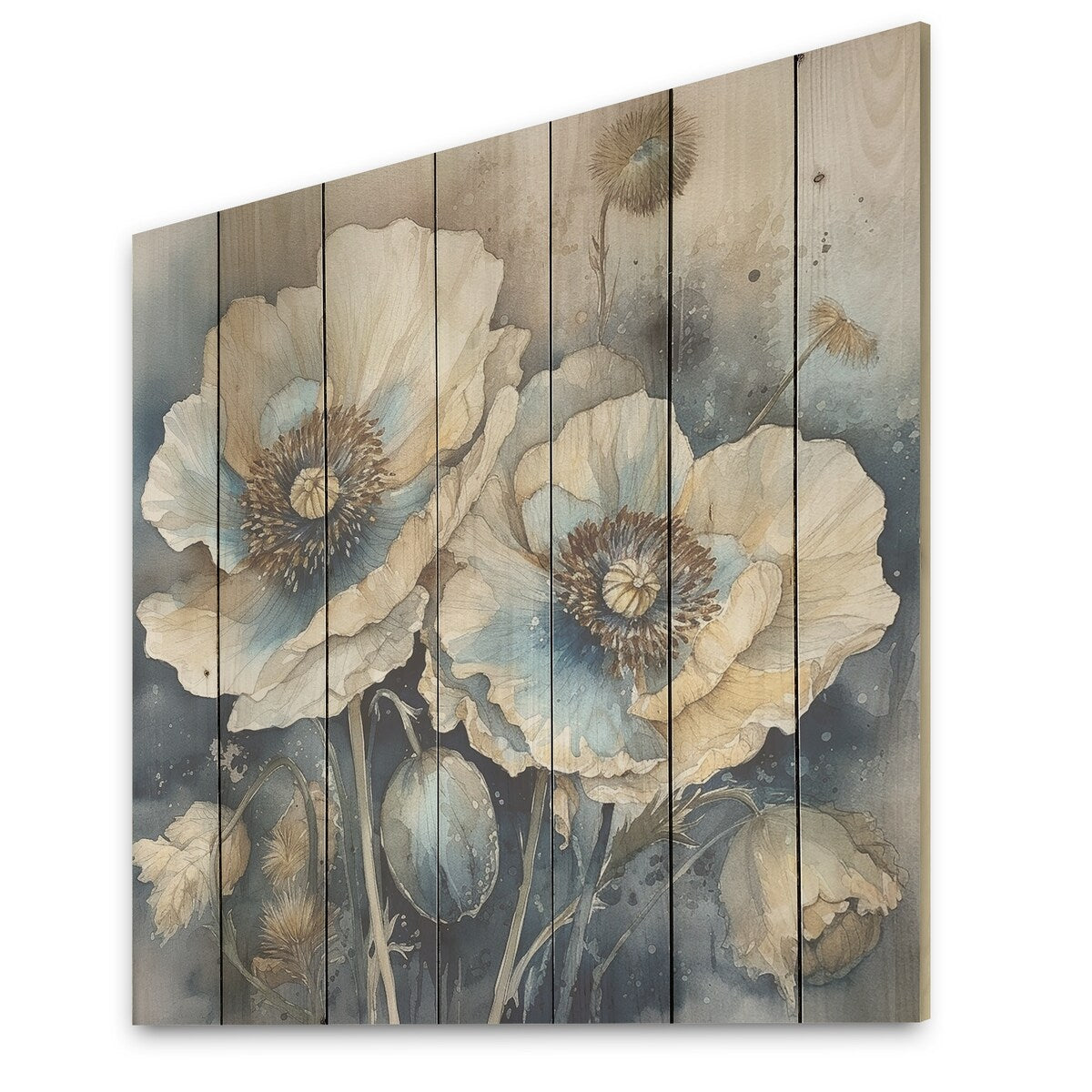 Designart "Blue Poppy Serenity I" Poppies Wood Wall Decor - Traditional Blue Wood Panel On Natural Pine Wood
