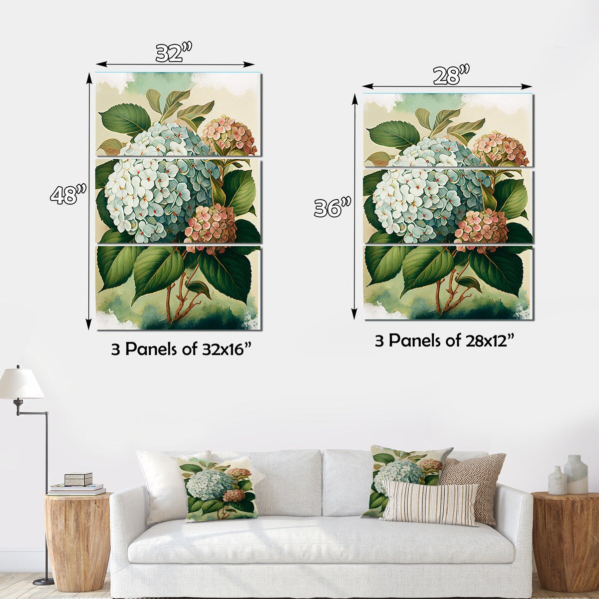 Designart "Blue Retro Hydrangena II" Floral Canvas Art Print - 3 Panels