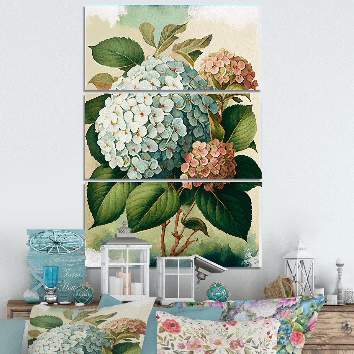 Designart "Blue Retro Hydrangena II" Floral Canvas Art Print - 3 Panels
