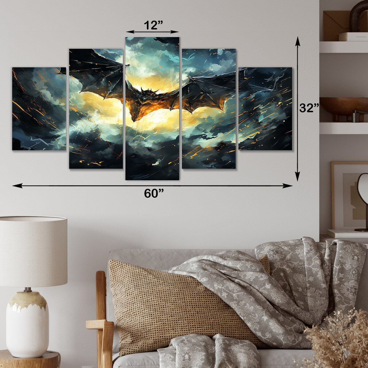 Designart "Blue Watercolor Night Bat Charm I" Bat Set Of 5 - Modern Farmhouse Oversized Canvas Art Print For Home Decor