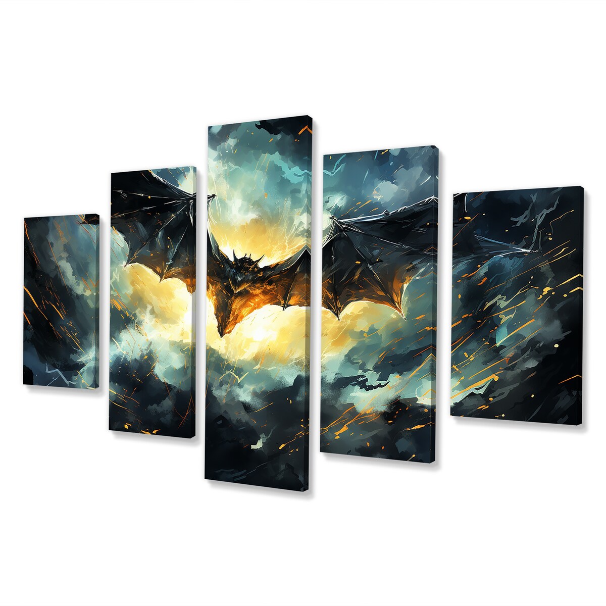 Designart "Blue Watercolor Night Bat Charm I" Bat Set Of 5 - Modern Farmhouse Oversized Canvas Art Print For Home Decor