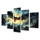 Designart "Blue Watercolor Night Bat Charm I" Bat Set Of 5 - Modern Farmhouse Oversized Canvas Art Print For Home Decor