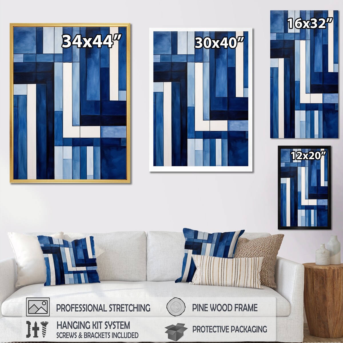 Designart "Blue White Sapphire Symmetry I" Abstract Shapes Framed Canvas Art Print