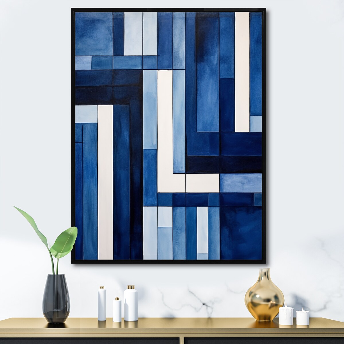 Designart "Blue White Sapphire Symmetry I" Abstract Shapes Framed Canvas Art Print