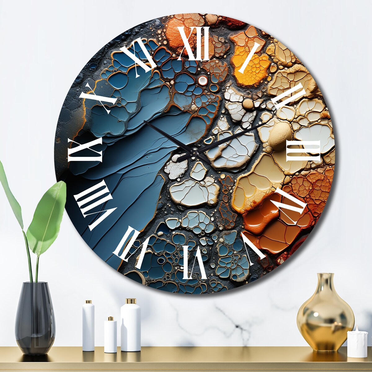 Designart "Blue and Orange Fluid Movements" Abstract Shapes Oversized Wall Clock