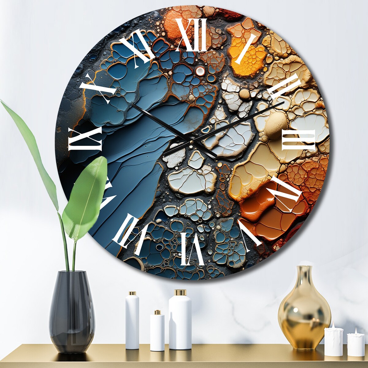 Designart "Blue and Orange Fluid Movements" Abstract Shapes Oversized Wall Clock