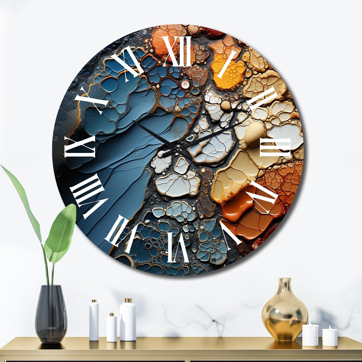 Designart "Blue and Orange Fluid Movements" Abstract Shapes Oversized Wall Clock