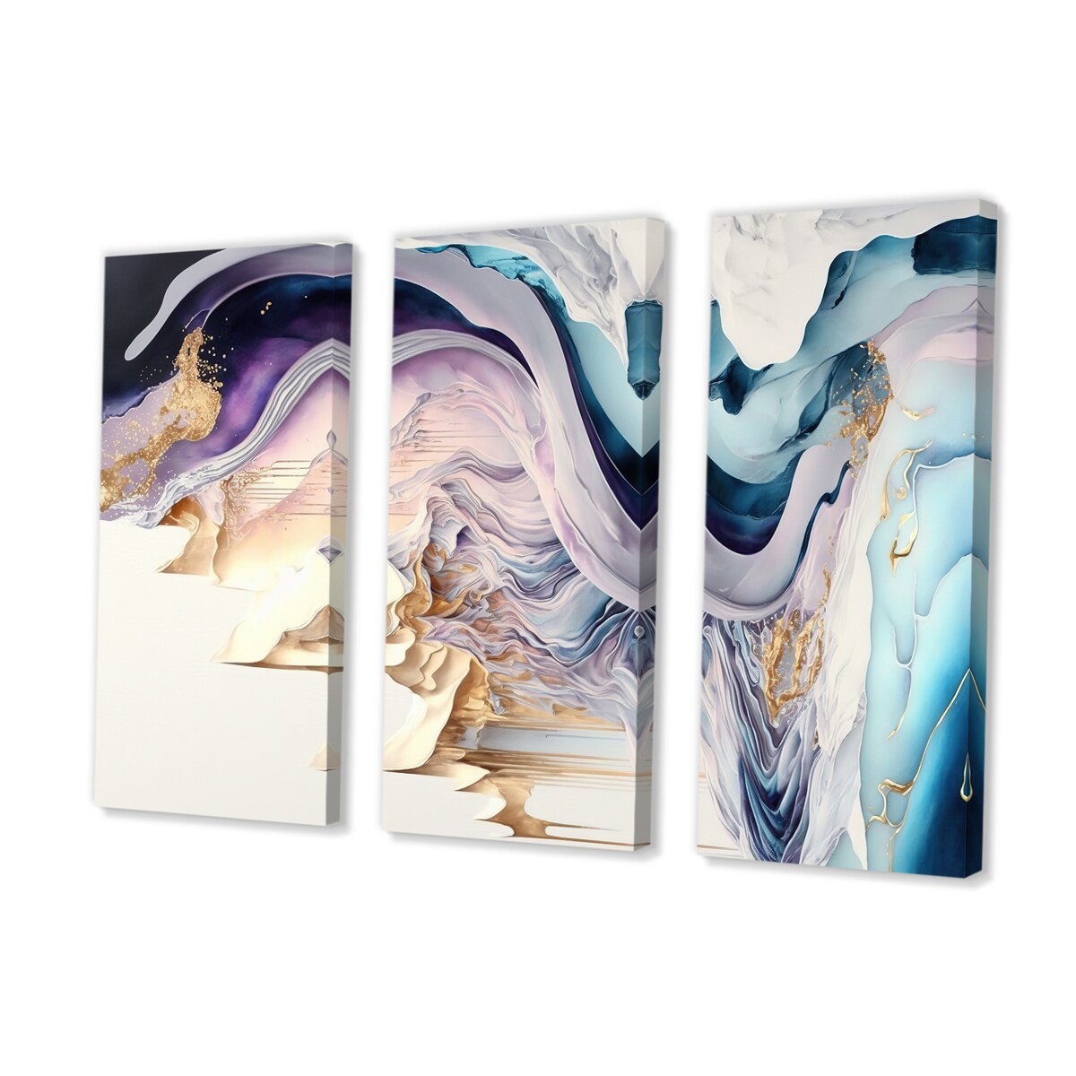 Designart "Blue, Gold And Purple Abstract Waves II" Modern Spiral Canvas Art Print - 3 Panels