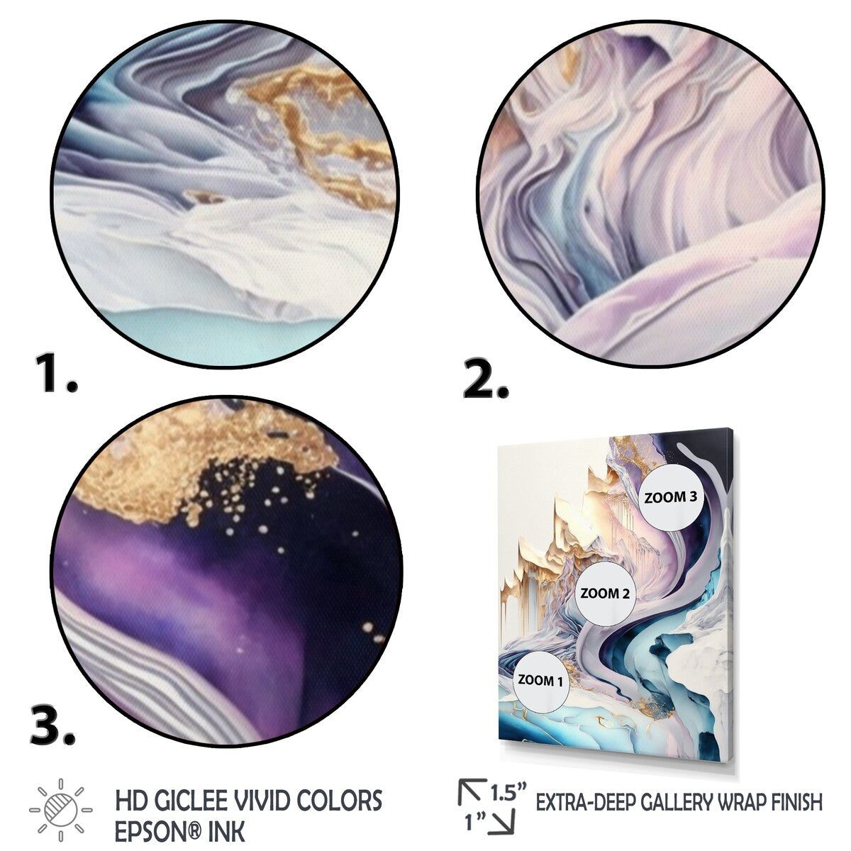Designart "Blue, Gold And Purple Abstract Waves II" Modern Spiral Canvas Art Print - 3 Panels