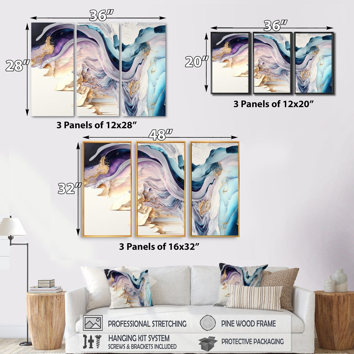Designart "Blue, Gold And Purple Abstract Waves II" Modern Spiral Canvas Art Print - 3 Panels