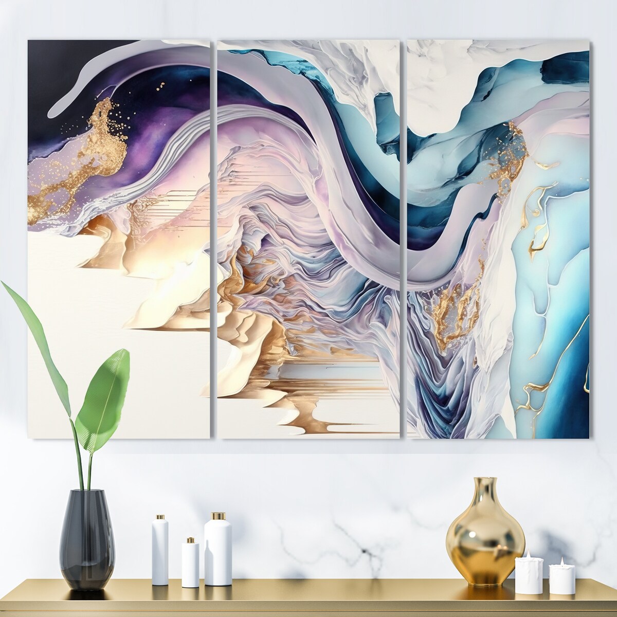 Designart "Blue, Gold And Purple Abstract Waves II" Modern Spiral Canvas Art Print - 3 Panels