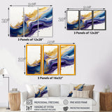 Designart "Blue, Gold And Purple Splash Paint V" Modern Spiral Canvas Art Print - 3 Panels