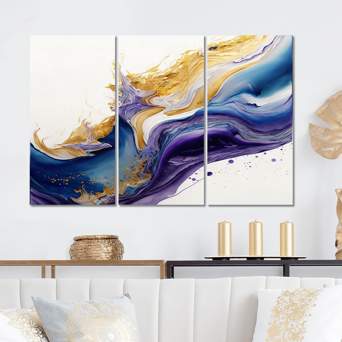 Designart "Blue, Gold And Purple Splash Paint V" Modern Spiral Canvas Art Print - 3 Panels